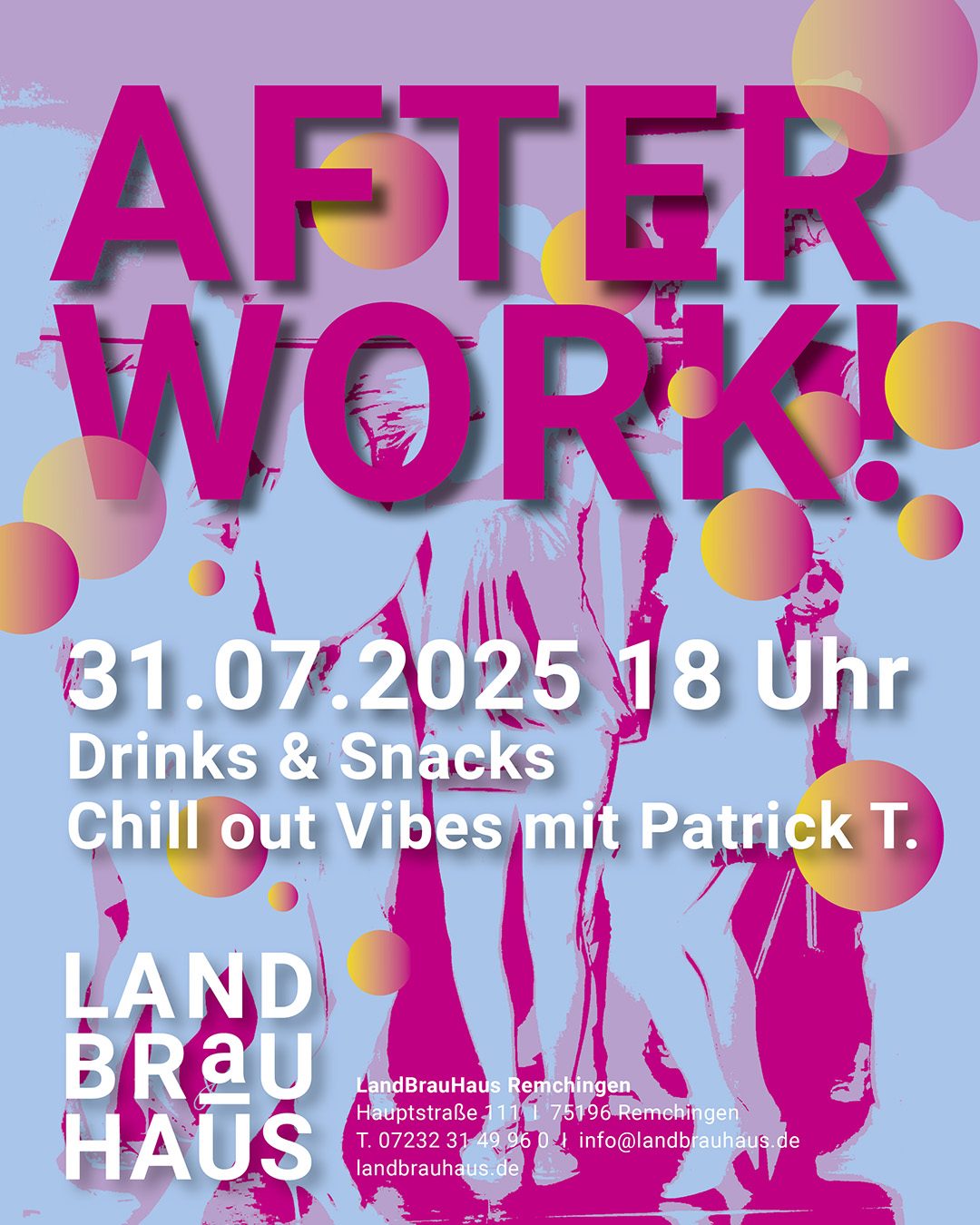 Veranstaltungsplakat für „After Work!“ mit Datum, Uhrzeit und Informationen zu Snacks und Drinks.